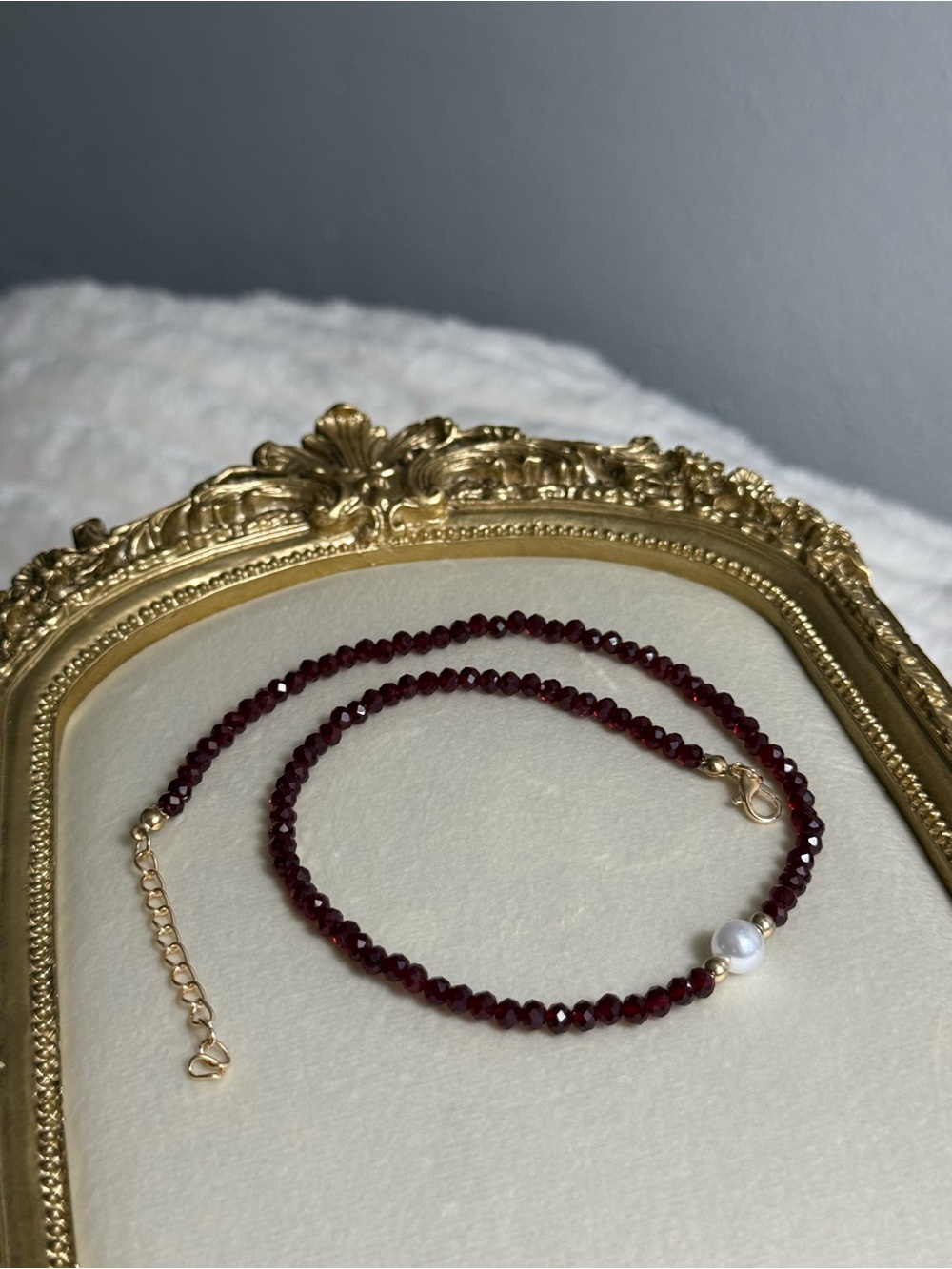 Gold Garnet-like Beaded Necklace with Pearl Accent